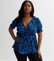 New Look Curves Bright Blue Mark Making Frill Wrap Top